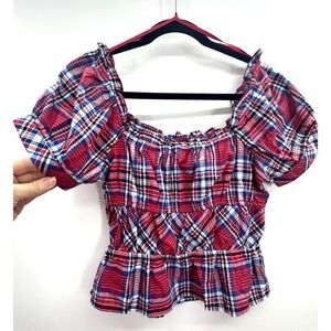 Sim&Sam Babydoll Top Medium Plaid Puff Sleeve Milkmaid Peasant Cottage Americana
